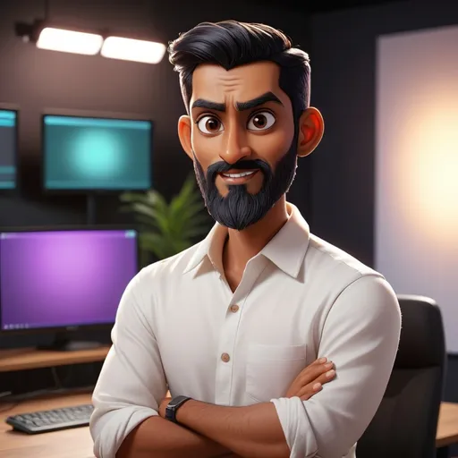 Prompt: South Asian male character, Gujarati ethnicity, around 28–32 years old. He has short, neatly styled black hair and a well-groomed beard. His expression is friendly, confident, and engaging – like a creative professional talking to his audience. He is wearing a white shirt with rolled-up sleeves and dark jeans, casual but smart — suitable for a post-production house owner or wedding video editor.

The background is a modern video editing room with dual monitors. One screen shows After Effects timeline, the other shows a wedding Save The Date video preview. The lighting is warm, with soft ambient tones and a creative, studio feel (maybe a hint of RGB lights in the background).

The character should speak directly to the camera, making eye contact, and look natural while talking. Body posture is upright and relaxed, indicating confidence and creativity.

