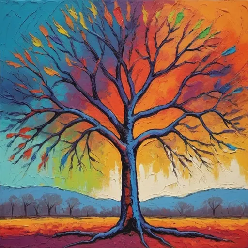 Prompt: Fauvist-style depiction of a large leafless tree, bold and vibrant colors, rough brushstrokes, textured canvas, high quality, fauvist, large tree, pure colors, rough brushstrokes, textured canvas, vibrant, intense