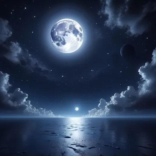 Prompt: (the moon), glowing brightly against a deep indigo sky, surrounded by a scattering of stars, gentle clouds drifting softly, vivid hues of midnight blue and silver, serene and tranquil ambiance, detailed texture of lunar surface visible, reflecting light, mystical and enchanting atmosphere, ultra-detailed, 4K quality, evoking a sense of wonder and peace.