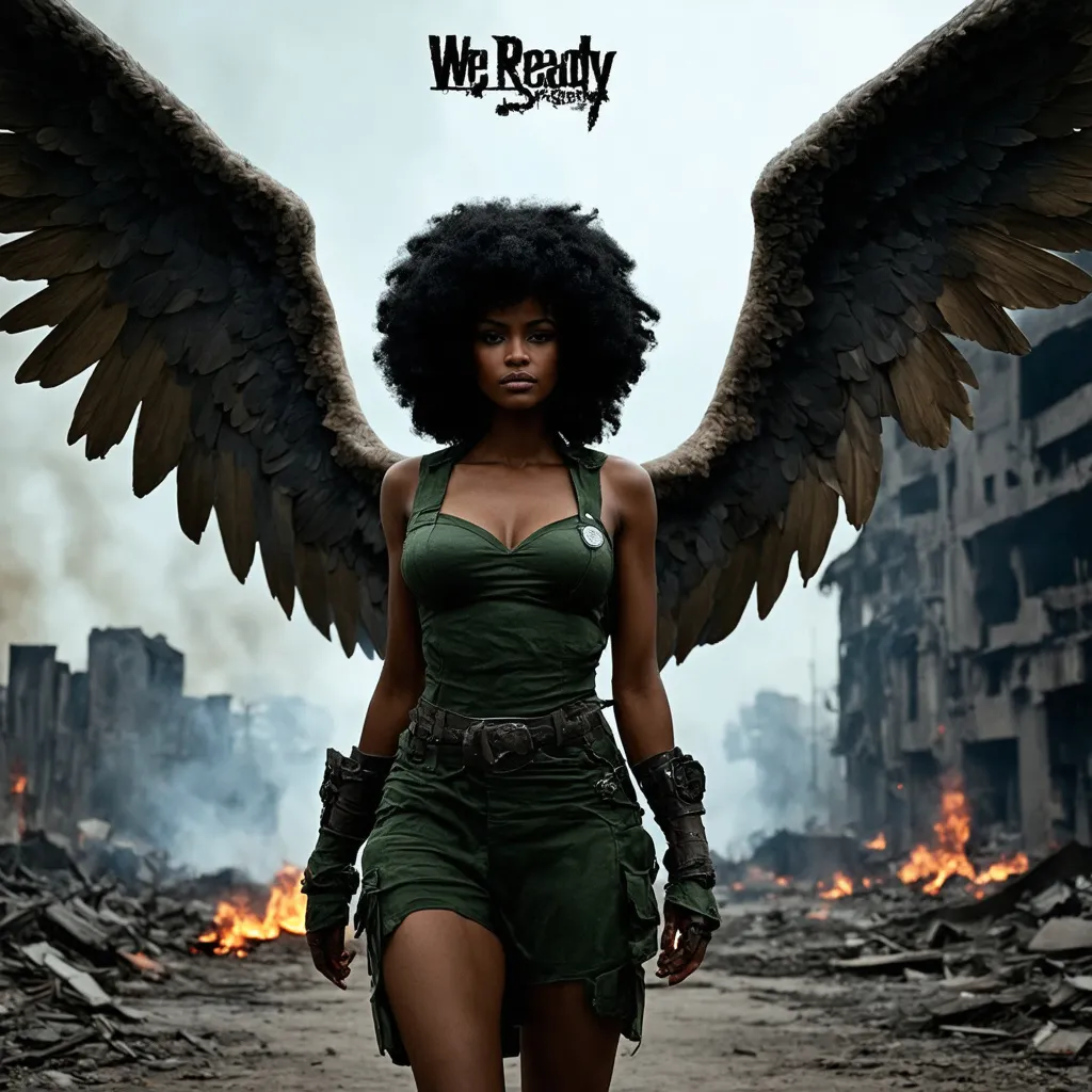 Prompt: We Ready written across 
at the top of the picture for the name of the album cover also write the artist name "Rah Skhylz" somewhere highly visible, close up of a graceful black female warrior angel, give her big full wings that can wrap around her whole body spread out and arched,  beautiful detailed Afro hair, very detailed beautiful face, perfect beautiful detailed eyes, (city at armageddon), 
 wearing a 1970 green military black panther party movement conservative attire, walking on the street, destroyed buildings, dark sky, active fires in the background, volumetric fog, subsurface scattering, ambient occlusion, post-apocalyptic, ruins of war, fire, smoke, somber, ultra-detailed, cinematic masterpiece, high depth, 4K ultra HD.