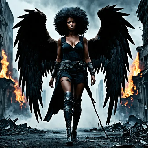 Prompt: We Ready written across 
at the top of the picture write Rah Skhylz, close up of a graceful black female warrior angel, give her big full wings that can wrap around her whole body spread out and arched,  beautiful detailed Afro hair, very detailed beautiful face, perfect beautiful detailed eyes, (city at armageddon), glowing like a god, wearing a 1970 black panther party movement conservative attire, walking on the street, destroyed buildings, dark sky, active fires in the background, volumetric fog, subsurface scattering, ambient occlusion, post-apocalyptic, ruins of war, fire, smoke, somber, ultra-detailed, cinematic masterpiece, high depth, 4K ultra HD.