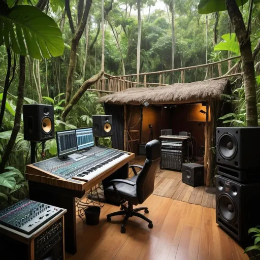 Prompt: show a recording studio in the jungle