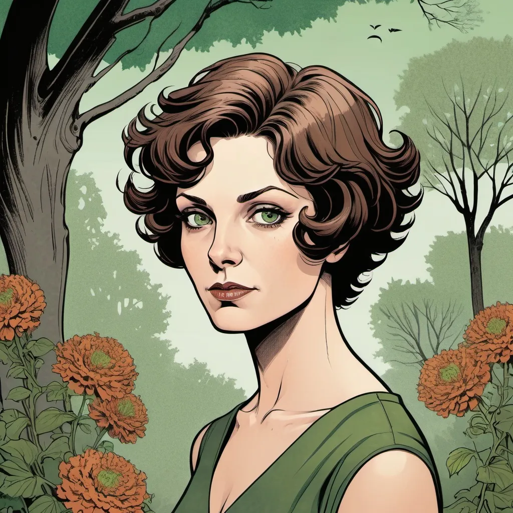 Prompt: scrapbook epherma sheet, 
middle-aged Woman, green eyes, short hair, curls, detailed, , dramatic, graphic novel illustration,  2d shaded retro comic book, colorful flowers, trees