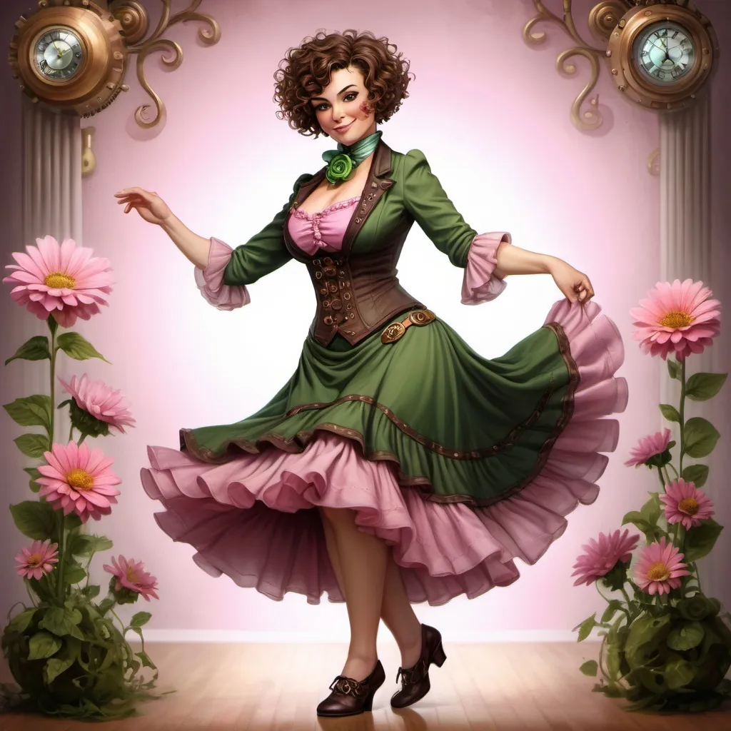 Prompt: middle-aged woman, short hair, curly, green eyes, dancing, multi-color flowers, put shoes on her feet, modestly dressed, full figured, pink dress, steampunk