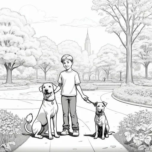 Prompt: B&W coloring book page, boy with his dog in the park, line art, solid white background