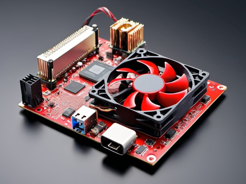 Prompt: a computer board with a fan and wires attached to it and a mouse on top of it with a red and black fan, Dahlov Ipcar, purism, frostbite 3 engine, a computer rendering