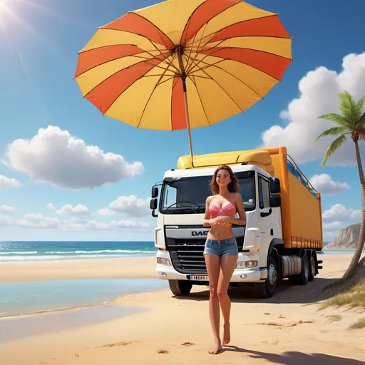 Prompt: (DAF Truck XG+), vibrant beach setting, (girl) happily enjoying the sunny day, colorful beach umbrella, gentle waves lapping at the shore, golden sand underfoot, soft clouds drifting overhead, warmth of the sun radiating, breezy atmosphere, (high detail) environment, (4K) ultra-detailed, cheerful ambiance, lighthearted mood.