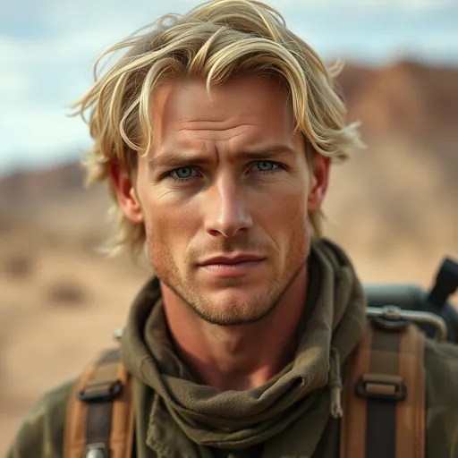 Prompt: a 36 year old kind-looking buff man with light blonde hair and green eyes with a desert background, causal adventure clothing, Alaric Saltzman, antipodeans, a character portrait