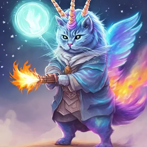 Prompt: Wizard cat riding unicorn holding a flame thrower.
