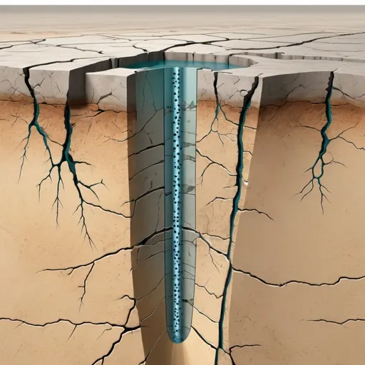 Prompt: Oil reservoir consisting of matrix and fractures with well and perforation, showing we increasing flow through fractures while maintaining flow through the matrix