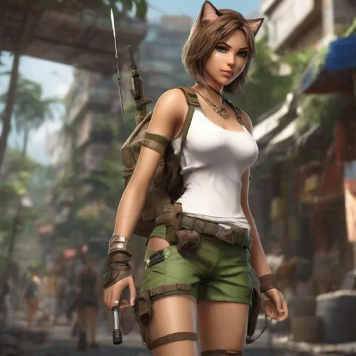 Prompt: Catgirl Rogue, tan skin, green eyes, white cat tail, white tank top with utility belt holding 3 small daggers, light brown shorts, sandals, jungle urban city, extremely realistic, hyperdetailed, highly detailed face, highly detailed eyes, highly detailed body, full body, whole body visible, full character visible, soft lighting, high definition, ultra realistic, unreal engine 5, 8K, digital art, Vibrant colors