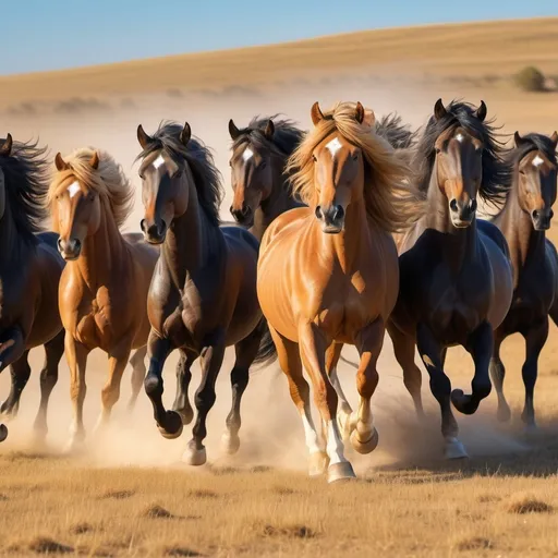 Prompt: (seven majestic horses), galloping powerfully across an expansive golden landscape, their manes flowing wildly in the wind, (dynamic motion), sunlight illuminating their strong bodies, casting dramatic shadows on the ground, (vibrant colors), a clear blue sky in the background, evoking feelings of freedom and exhilaration, (ultra-detailed), capturing the raw beauty of these magnificent creatures in high-definition.