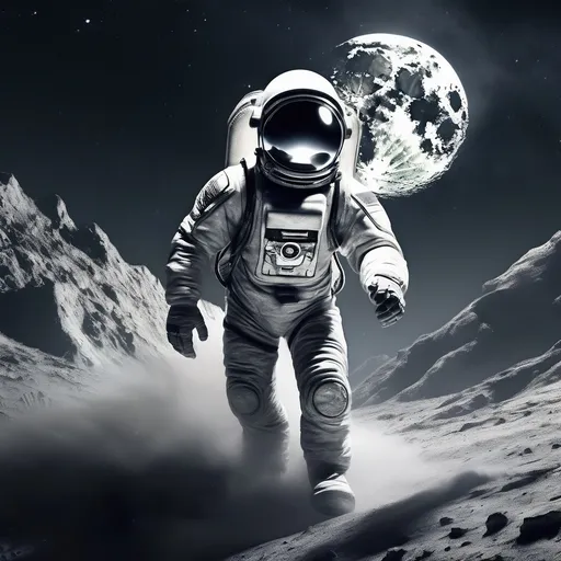 Prompt: chasing a yeti on the moon, surreal scene, dramatic lunar landscape, towering mountains in the background, dusty grey surface sparkling under starlight, whimsical yet thrilling atmosphere, high contrast lighting, close up showing the determined expression on the astronaut's face, the yeti appearing mysterious and agile, ultra-detailed, cinematic composition.