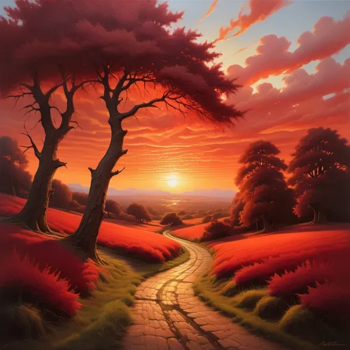 Prompt: Photorealistic sunset painting, warm golden and red color scheme, majestic trees silhouetted against a vibrant red sky, a winding path leading towards a radiant sun in the distance, inspired by Andreas Rocha, reflecting an American scene painting style and reminiscent of Magic: The Gathering artwork, ultra-detailed, captivating ambiance. Oil painting masterpiece.