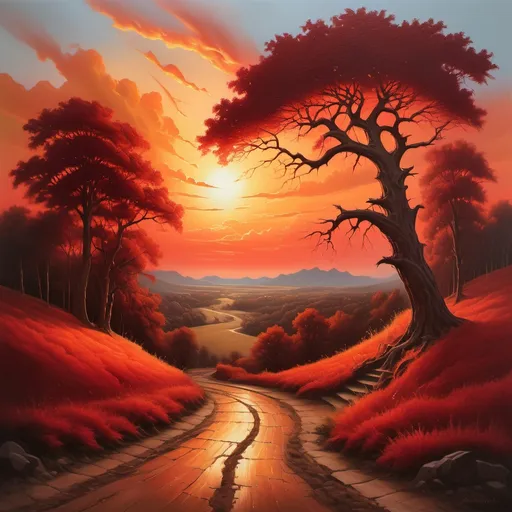 Prompt: Photorealistic sunset painting, warm golden and red color scheme, majestic trees silhouetted against a vibrant red sky, a winding path leading towards a radiant sun in the distance, inspired by Andreas Rocha, reflecting an American scene painting style and reminiscent of Magic: The Gathering artwork, ultra-detailed, captivating ambiance. Oil painting masterpiece.