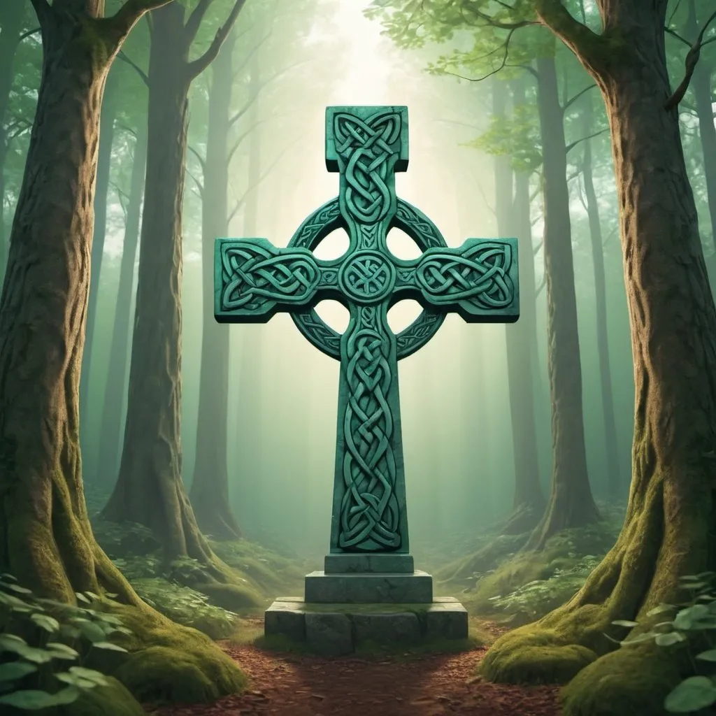 Prompt: Make an AI image of a stylized celtic cross in a forest