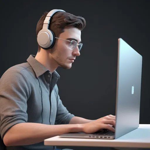 Prompt: A programmer with a headset and facing sideview with a laptop. 3D animation. Body facing slightly to the front but face is facing straight to the front