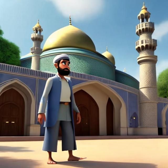 Prompt: one man (a muslim servant) of a mosque come and ask to leave the mosque in a disney pixar animation style