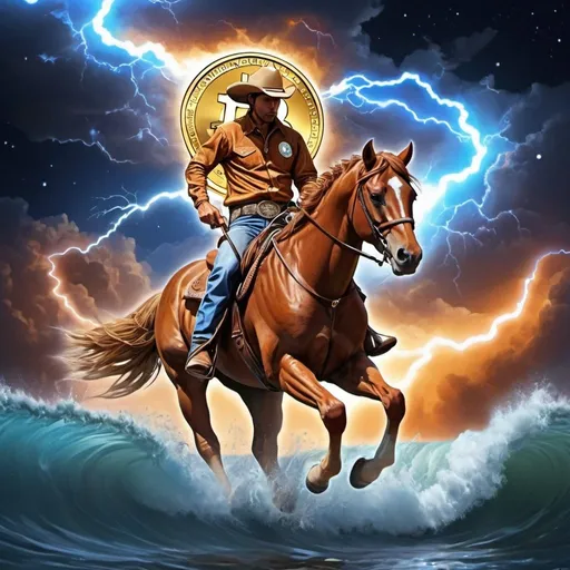 Prompt: Galaxy Bitcoin cowboy lightning air water hurricane American horse