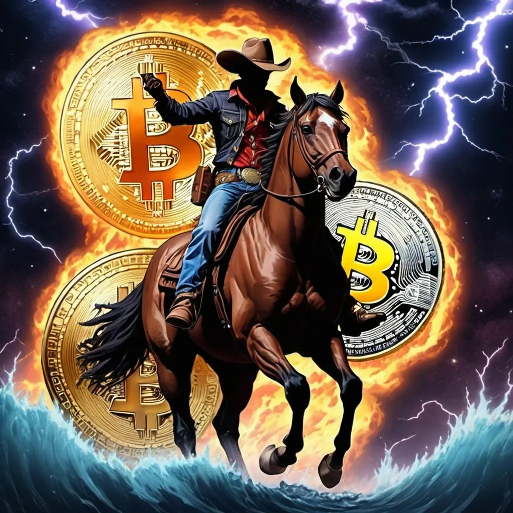 Prompt: Galaxy Bitcoin cowboy American horse earthquake lightning fire water hurricane anime