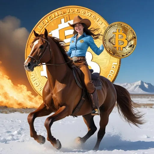 Prompt: Bitcoin cowgirl victory celebration hurricane wind fire water ice golden epic horse
