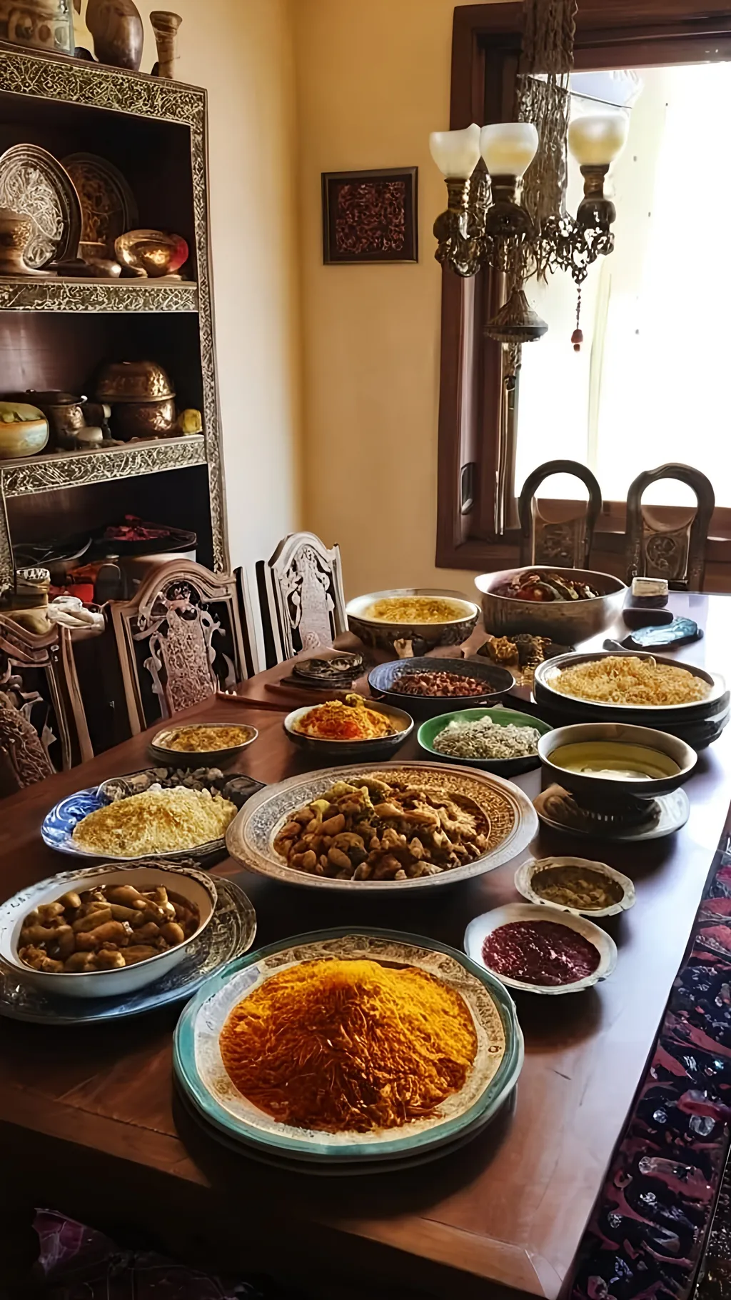 Prompt: Persian home decor wideshot a table in the middle of house full of persian foods real photography by iphone in the day light