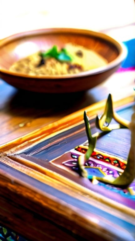 Prompt: Close up of tahdig in a wooden plate middle of a persian table daylight realistic 