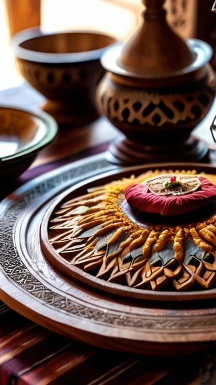 Prompt: Close up of tahdig in a wooden plate middle of a persian table daylight realistic 