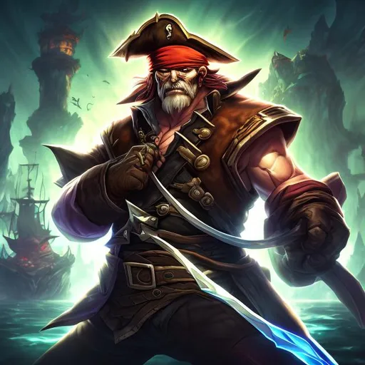 Prompt: An old, white and short haired, muscular pirate. Dark theme and League of Legends splash art style