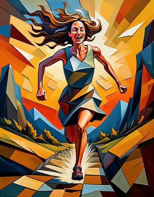 Prompt: imagine  --ar 16:9 --zoom 1.5 --style expressive --v 5  Oil painting, Cubist style, epic mood,  a happy woman running from a well at sunset, natural lighting, HD, best quality, vibrant colors, sharp details,  impasto technique,  textured canvas, dramatic shadows,  flowing lines, fragmented forms,  mountainous landscape, dark red and purple hues