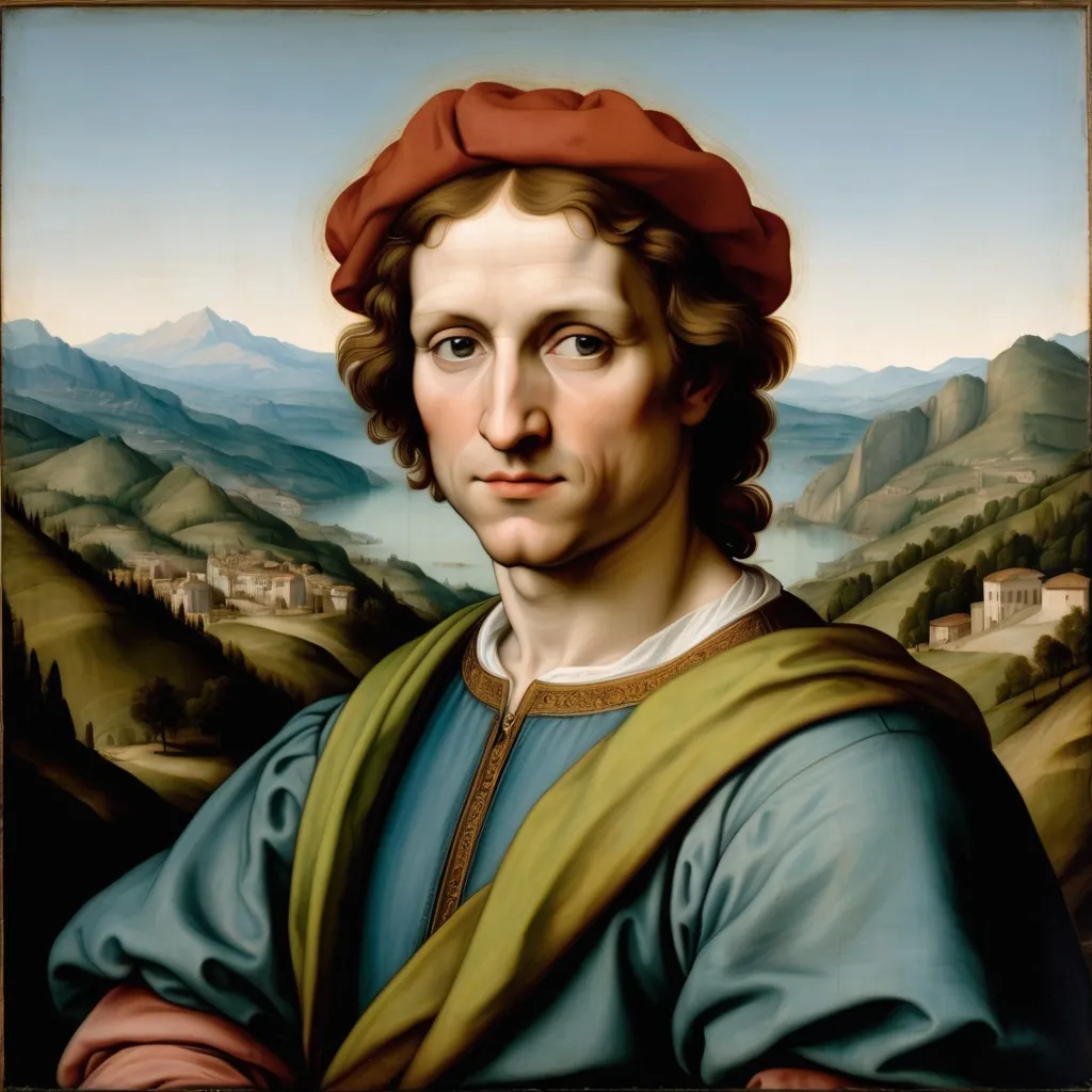 Prompt: A painted portrait of a man in the style of Italian Renaissance painter Raphael with mountains in the background.