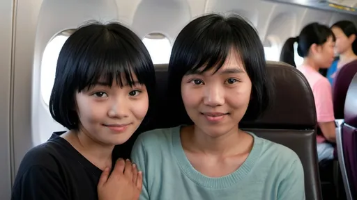 Prompt: young 20 year old woman with short layered black hair with bangs half chinese with rounded black eyes and a petite frame together with her mother who is an elderly middle-aged 40 year old woman with short black hair. Both are holding hands facing each other. They are younger. 10 year old and 10 years old. they are both on  a plane