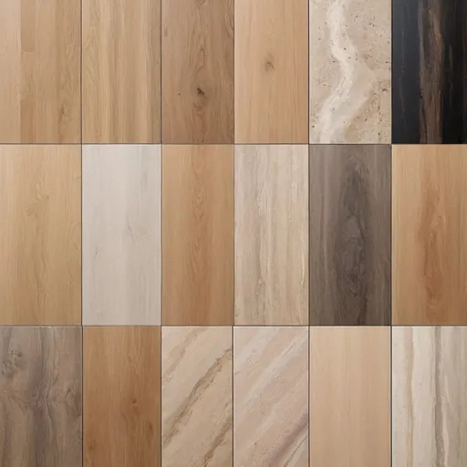 Prompt: imagine a mood board palette with oak wood textures, natural travertine tones, and other materials which go with it, located in the uae, the palette is nicely laid out, in clean long vertical slits 
