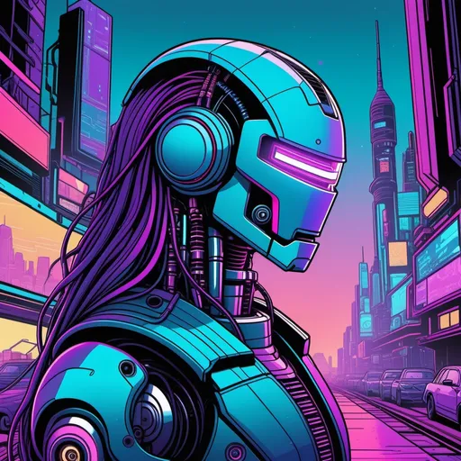 Prompt: A robot with a robot head thick flowing mullet in a cyberpunk landscape, {thick sharp black line art}, minimalistic, line art, baroque, cartoon, phone wallpaper, famous illustration, inspired by Josan Gonzales and Dan Mumford, {{blue|purple crimson color scheme}}, comic design, image comics, album art, promotional poster, vivid color, hyper detail illustration, full color illustration, high detail illustration, profile shot, colored illustration, album art