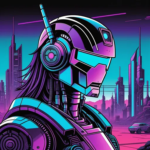 Prompt: A robot with a metal face and mullet hairstyle in a cyberpunk landscape , {thick sharp black line art}, minimalistic, line art, baroque, cartoon, phone wallpaper, famous illustration, inspired by Josan Gonzales and Dan Mumford, {{blue|purple crimson color scheme}}, comic design, image comics, album art, promotional poster, vivid color, hyper detail illustration, full color illustration, high detail illustration, profile shot, colored illustration, album art