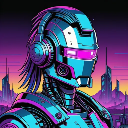 Prompt: A robot with a metal face and mullet hairstyle in a cyberpunk landscape , {thick sharp black line art}, minimalistic, line art, baroque, cartoon, phone wallpaper, famous illustration, inspired by Josan Gonzales and Dan Mumford, {{blue|purple crimson color scheme}}, comic design, image comics, album art, promotional poster, vivid color, hyper detail illustration, full color illustration, high detail illustration, profile shot, colored illustration, album art