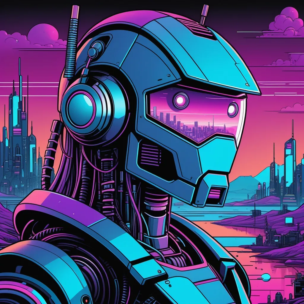 Prompt: A robot with a robot head thick flowing mullet in a cyberpunk landscape, {thick sharp black line art}, minimalistic, line art, baroque, cartoon, phone wallpaper, famous illustration, inspired by Josan Gonzales and Dan Mumford, {{blue|purple crimson color scheme}}, comic design, image comics, album art, promotional poster, vivid color, hyper detail illustration, full color illustration, high detail illustration, profile shot, colored illustration, album art