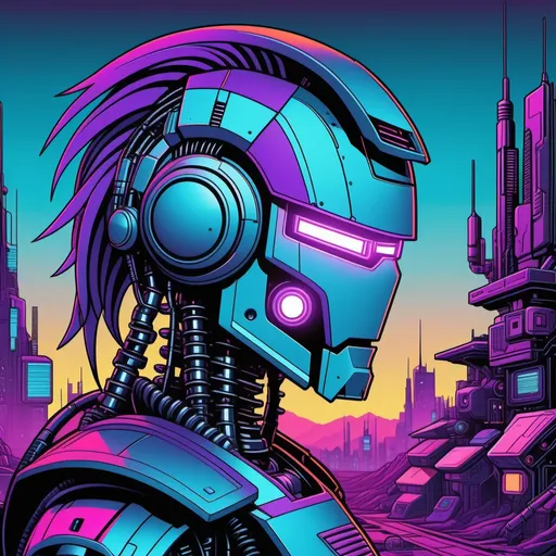 Prompt: A robot with a metal head and thick mullet hairstyle in a cyberpunk landscape , {thick sharp black line art}, minimalistic, line art, baroque, cartoon, phone wallpaper, famous illustration, inspired by Josan Gonzales and Dan Mumford, {{blue|purple crimson color scheme}}, comic design, image comics, album art, promotional poster, vivid color, hyper detail illustration, full color illustration, high detail illustration, profile shot, colored illustration, album art