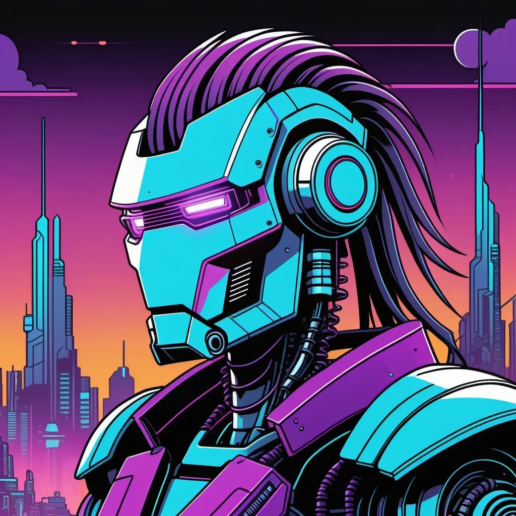 Prompt: A robot with a metal head and thick mullet hairstyle in a cyberpunk landscape , {thick sharp black line art}, minimalistic, line art, baroque, cartoon, phone wallpaper, famous illustration, inspired by Josan Gonzales and Dan Mumford, {{blue|purple crimson color scheme}}, comic design, image comics, album art, promotional poster, vivid color, hyper detail illustration, full color illustration, high detail illustration, profile shot, colored illustration, album art