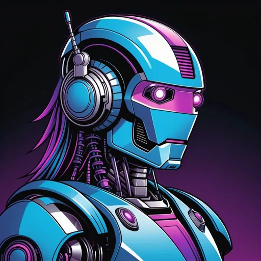 Prompt: A robot with a futuristic mullet, {thick sharp black line art}, minimalistic, line art, baroque, cartoon, phone wallpaper, famous illustration, inspired by Josan Gonzales and Dan Mumford, {{blue|purple crimson color scheme}}, comic design, image comics, album art, promotional poster, vivid color, hyper detail illustration, full color illustration, high detail illustration, profile shot, colored illustration, album art