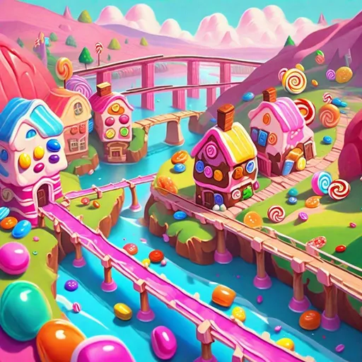 Prompt: oil paint, visible strokes, candy crush themed settlement with river and bridge
