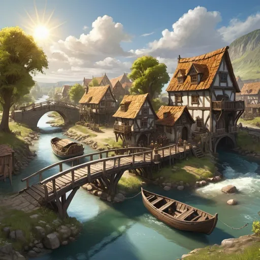 Prompt: small settlement, sunny, bridge and river, merchants, boat, wagon, dramatic fantasy settlement scene