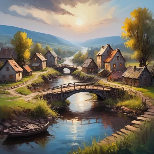 Prompt: Oil painting with visible brush strokes,, small settlement, bridge and river, dramatic fantasy settlement scene, cinematic lighting