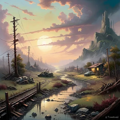 Prompt: A post apocalyptic landscape painting in Thomas Kinkade style.