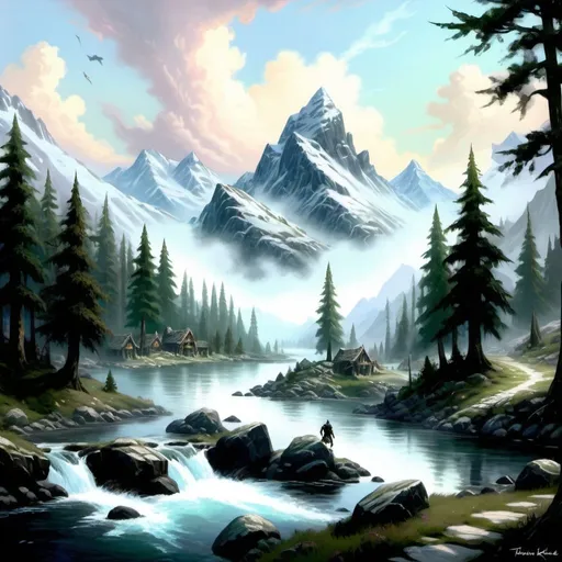 Prompt: A skyrim landscape painting in Thomas Kinkade style.