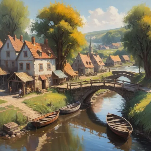 Prompt: Impressionistic painting of small settlement, sunny, bridge and river, merchants, boat, wagon, dramatic fantasy settlement scene