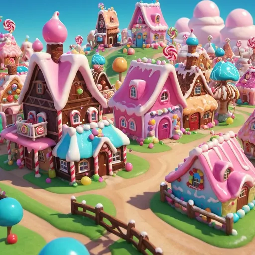 Prompt: Image of village in sugar rush theme.