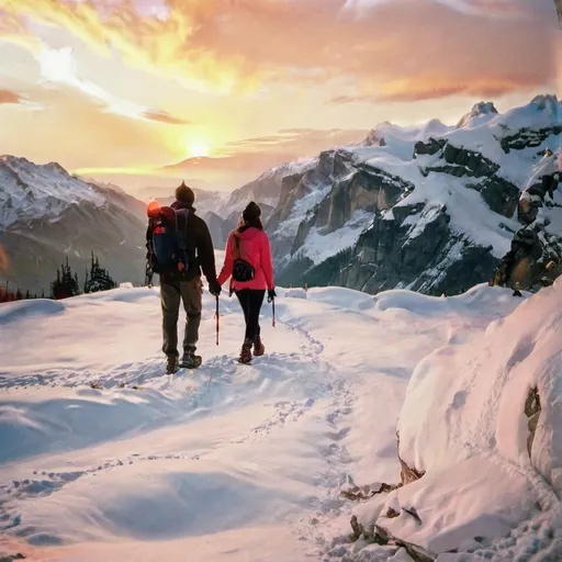 Prompt: A man and a woman on a romantic hike across snowy mountains with sunrise.