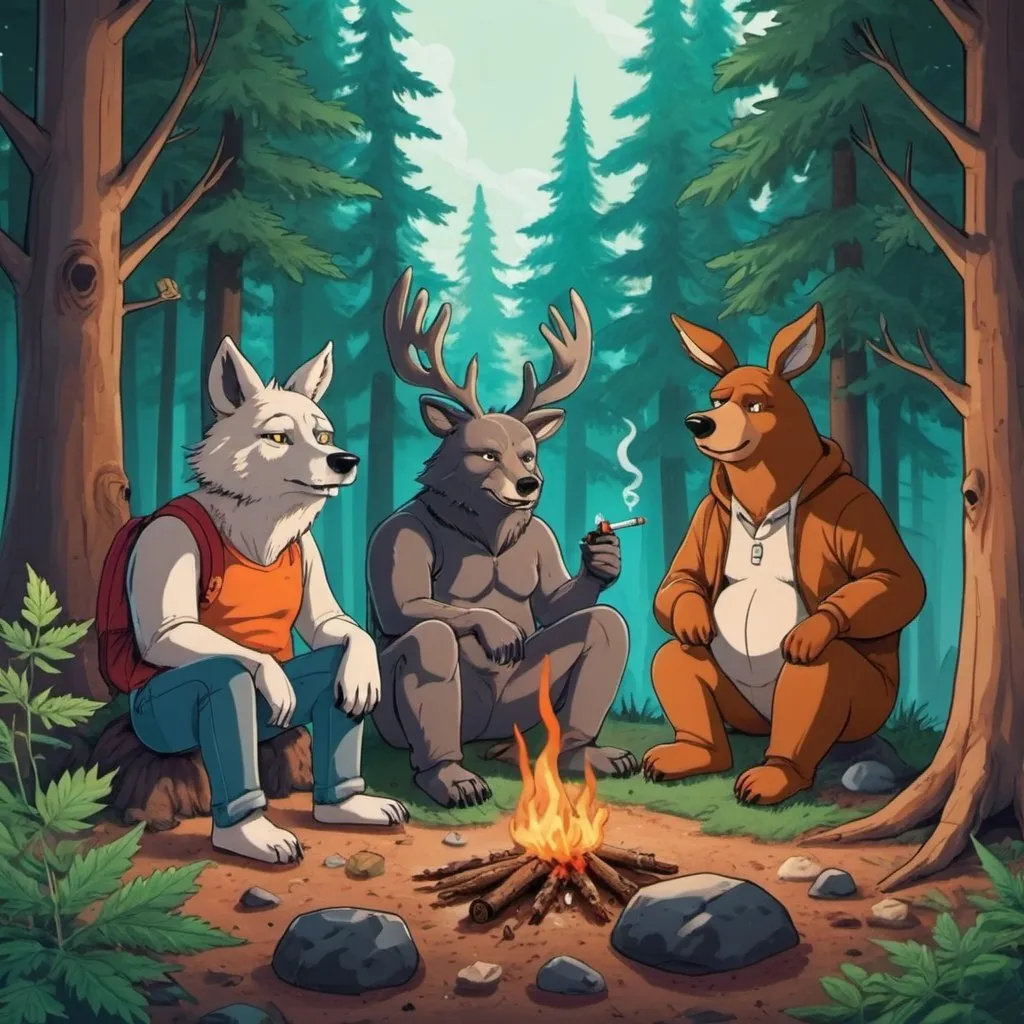 Prompt: A wolf, a bear, a deer and a rabbit are stoned, hanging around in the woods chilling and smoking weed.