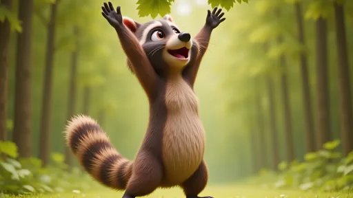 Prompt: @2YUbIOFKffzIseQx5aU9 is standing in a sunlit forest, looking up with wide, eager eyes at a green leaf hanging from a tree branch above. @2YUbIOFKffzIseQx5aU9  is standing on its tiptoes with both arms fully extended above its head, paws reaching as high as possible toward the leaf. @2YUbIOFKffzIseQx5aU9 's fingers are spread, clearly showing it is stretching to grasp the leaf. The scene should convey effort and determination in @2YUbIOFKffzIseQx5aU9  pose and expression., Right Arm Raised, Left Hand On Hip